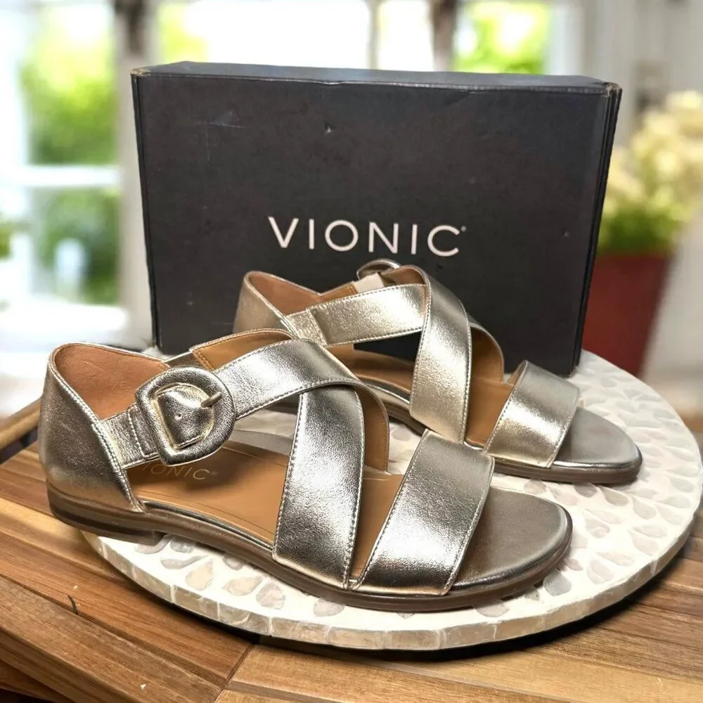 Vionic Pacifica Supportive Orthotic Sandal Gold Metallic Leather Women’s 9 Wide